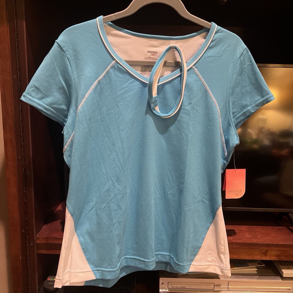 Danskin Now Womens Sz XL NWT Blue White Short Sleeve Athletic Shirt W/Headband.